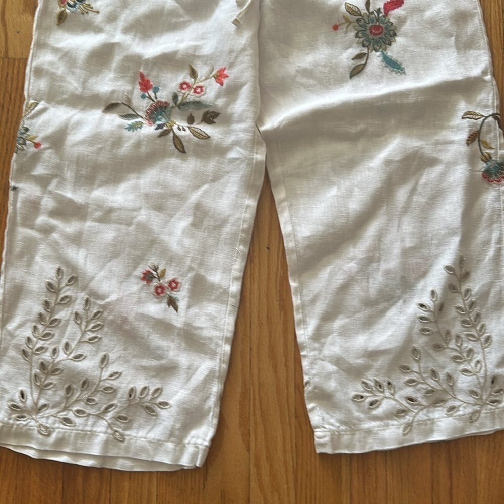 Johnny Was L white Embroidered linen lounge pants drawstring and elastic waist - Picture 2 of 8